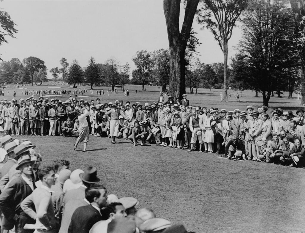 Bobby Jones tees off on the 18th hole at Winged Foot during the 1929 US Open