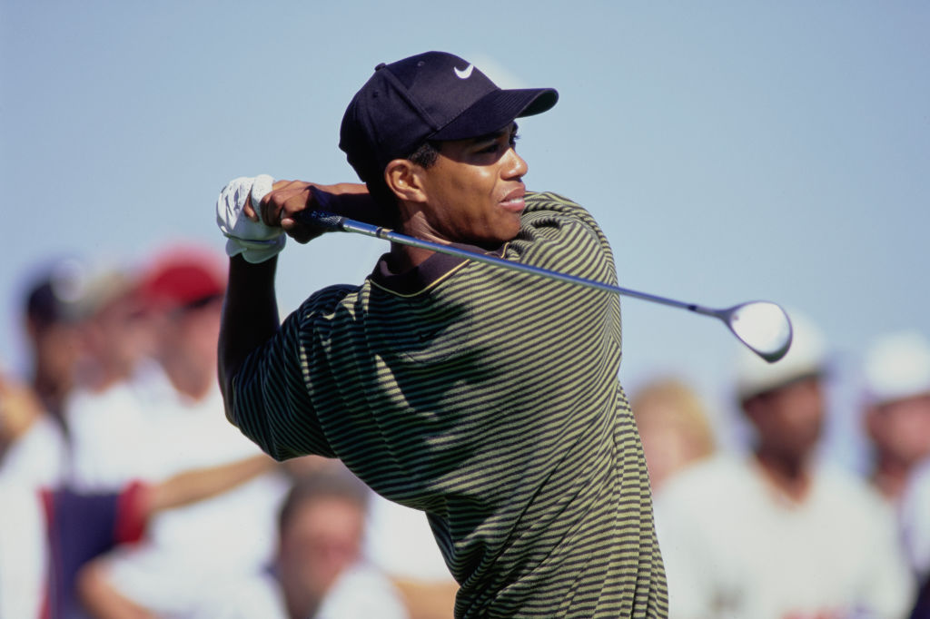 Tiger Woods hits his driver at TPC Summerlin on his way to winning the Las Vegas Invitational in 1996
