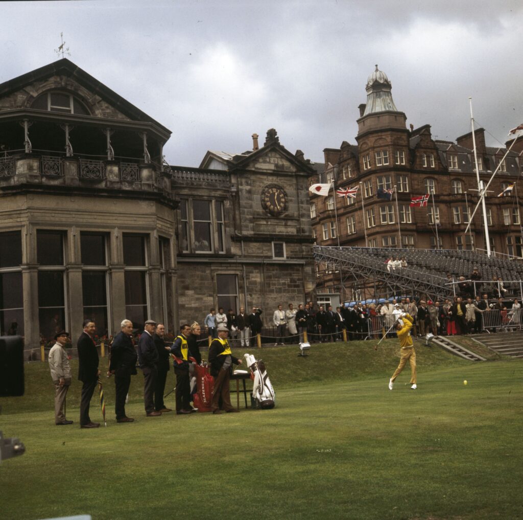 Doug Sanders tees off at St Andrews during a play-off against Jack Nicklaus at the 1970 Open Championship