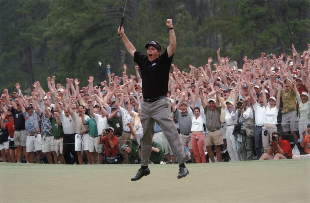 Phil Mickelson reacts to his winning putt at 2004 Masters